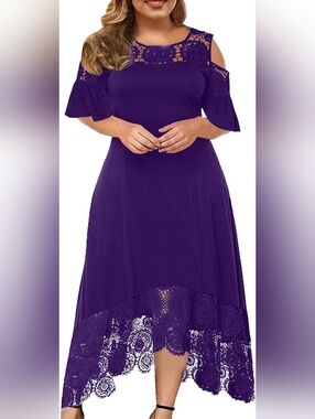 Purple Lace-trimmed Cold-shoulder Dress
